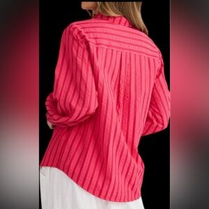 Cottage core style Holiday long sleeve oversized blouse bubble gum stripes Sz L